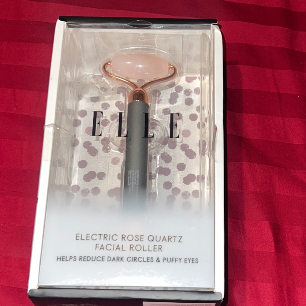 Elle Rose Quartz Facial Roller with Gray Handle.  New in box.